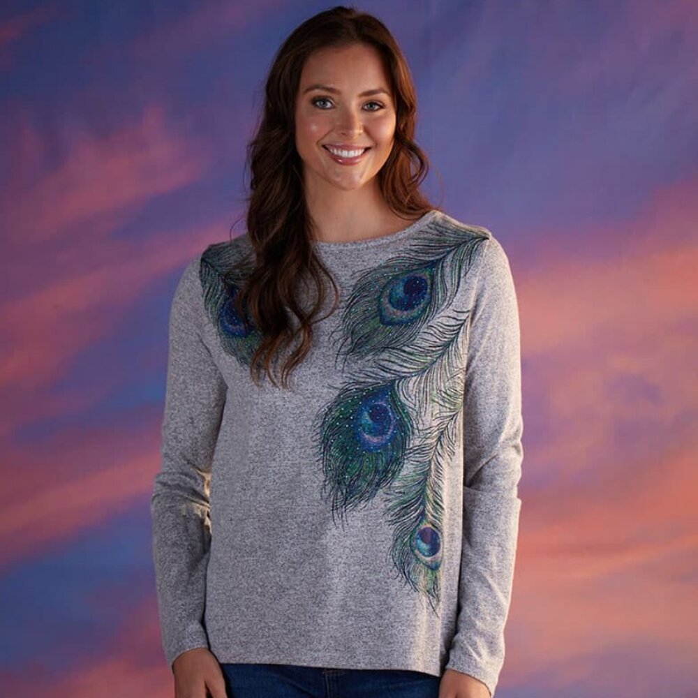 New Cracker Barrel Top size XXL Peacock‎ Feather Gray Hacci Tunic Embellished